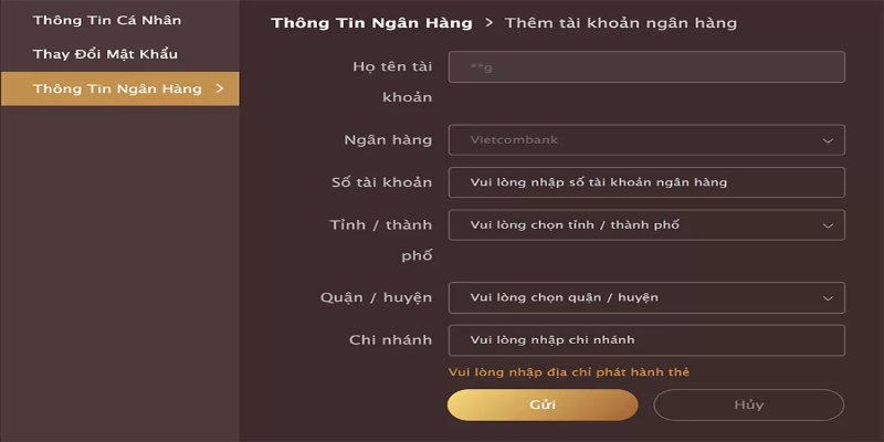 Điền các thông tin thêm thẻ ngân hàng